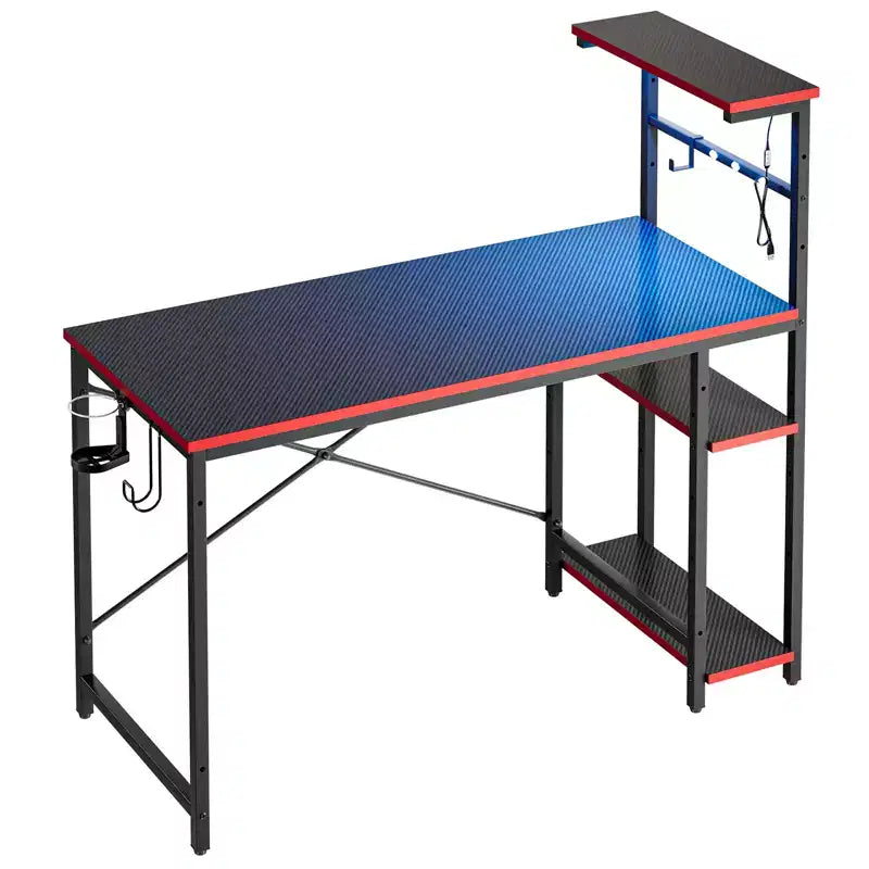Scrivania da Gaming da 44" con Luce LED RGB, Ripiani a 4 Livelli Reversibili, Portabicchieri e Gancio per Cuffie