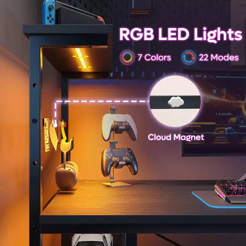 Scrivania da Gaming da 44" con Luce LED RGB, Ripiani a 4 Livelli Reversibili, Portabicchieri e Gancio per Cuffie