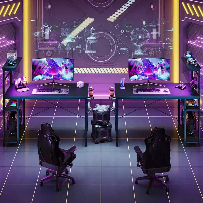 Scrivania da Gaming da 44" con Luce LED RGB, Ripiani a 4 Livelli Reversibili, Portabicchieri e Gancio per Cuffie