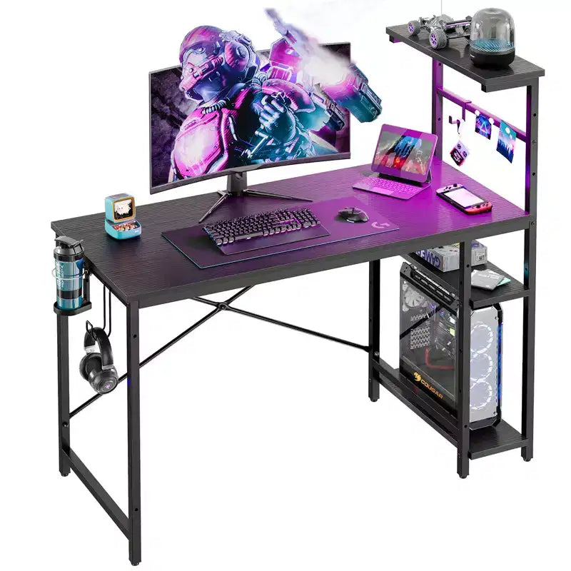 Scrivania da Gaming da 44" con Luce LED RGB, Ripiani a 4 Livelli Reversibili, Portabicchieri e Gancio per Cuffie