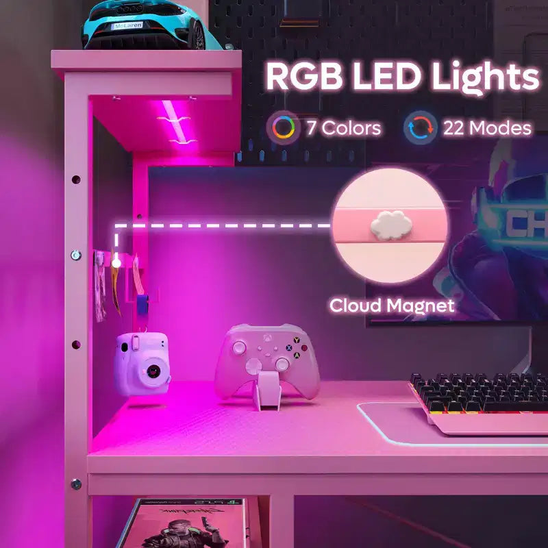 Scrivania da Gaming da 44" con Luce LED RGB, Ripiani a 4 Livelli Reversibili, Portabicchieri e Gancio per Cuffie