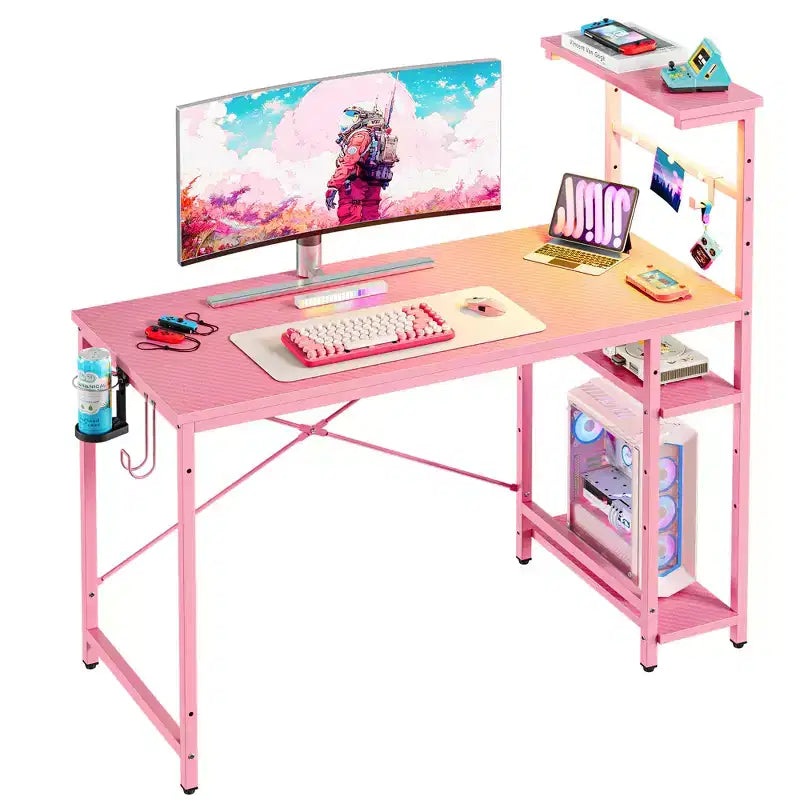Scrivania da Gaming da 44" con Luce LED RGB, Ripiani a 4 Livelli Reversibili, Portabicchieri e Gancio per Cuffie