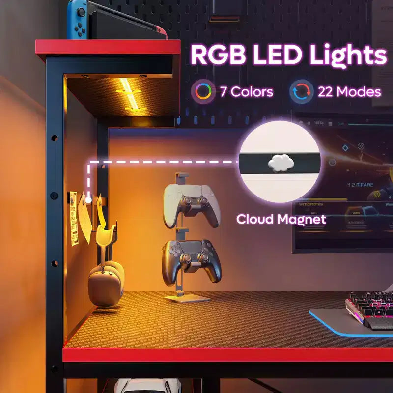 Scrivania da Gaming da 44" con Luce LED RGB, Ripiani a 4 Livelli Reversibili, Portabicchieri e Gancio per Cuffie