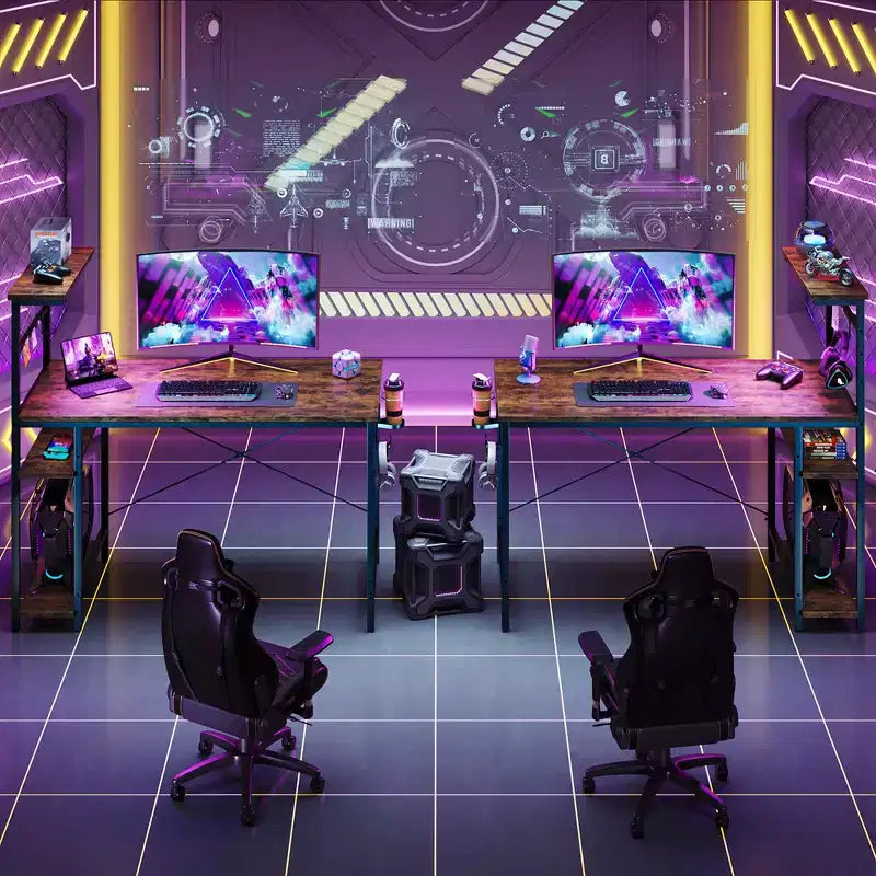 Scrivania da Gaming da 44" con Luce LED RGB, Ripiani a 4 Livelli Reversibili, Portabicchieri e Gancio per Cuffie