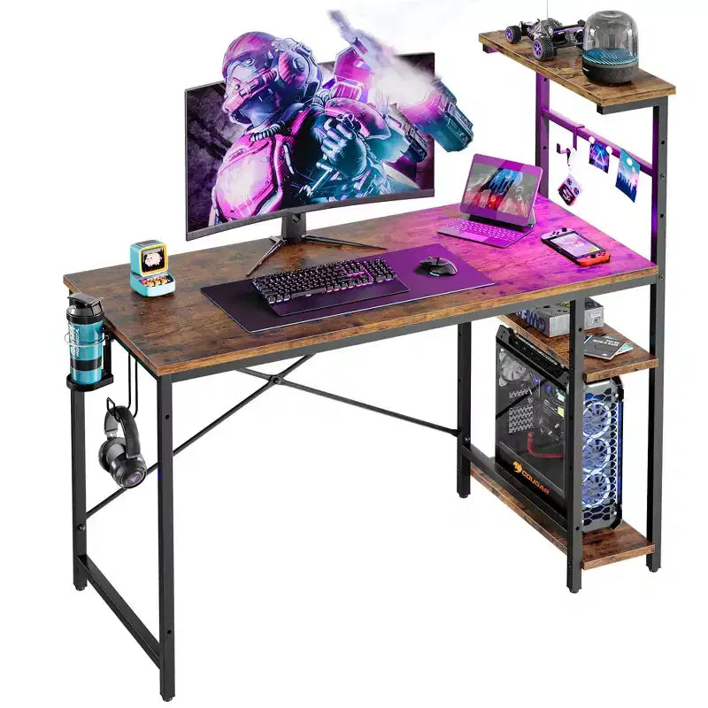 Scrivania da Gaming da 44" con Luce LED RGB, Ripiani a 4 Livelli Reversibili, Portabicchieri e Gancio per Cuffie