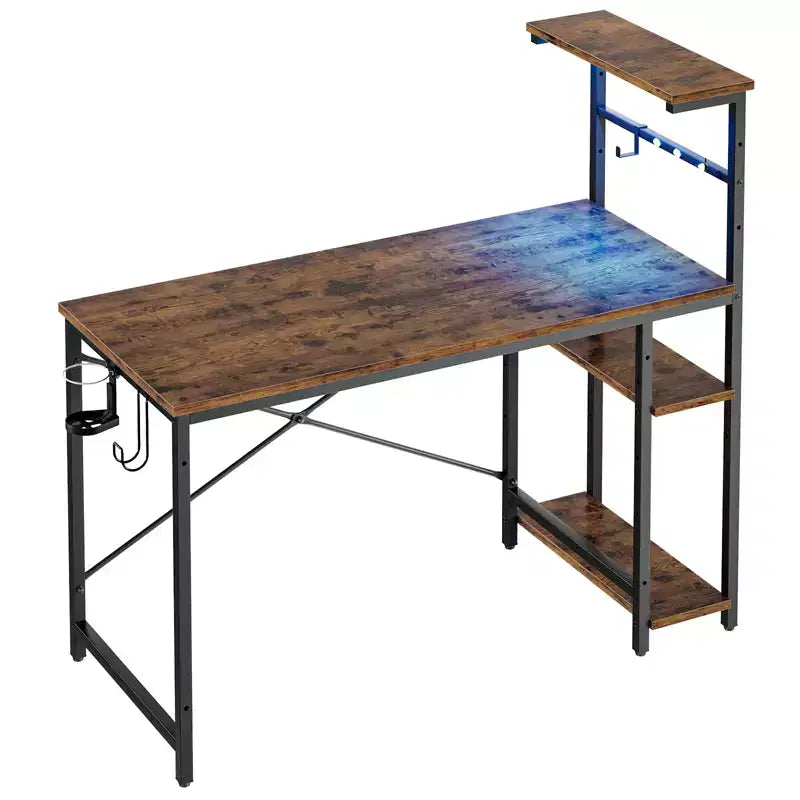 Scrivania da Gaming da 44" con Luce LED RGB, Ripiani a 4 Livelli Reversibili, Portabicchieri e Gancio per Cuffie