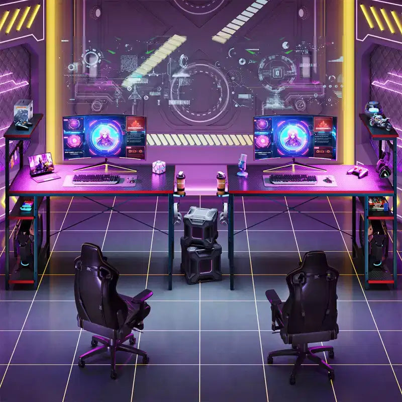 Scrivania da Gaming da 44" con Luce LED RGB, Ripiani a 4 Livelli Reversibili, Portabicchieri e Gancio per Cuffie
