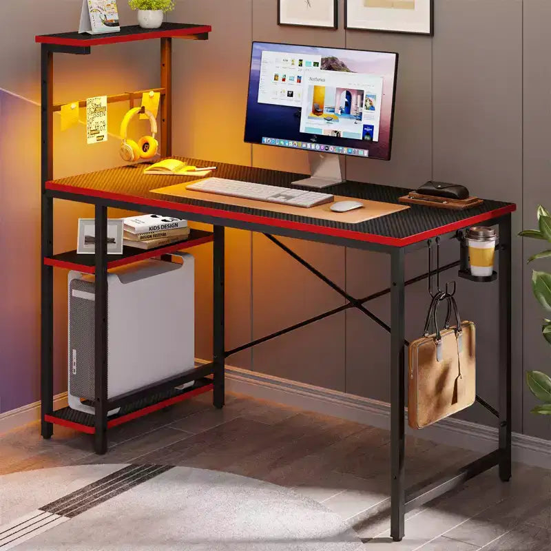 Scrivania da Gaming da 44" con Luce LED RGB, Ripiani a 4 Livelli Reversibili, Portabicchieri e Gancio per Cuffie