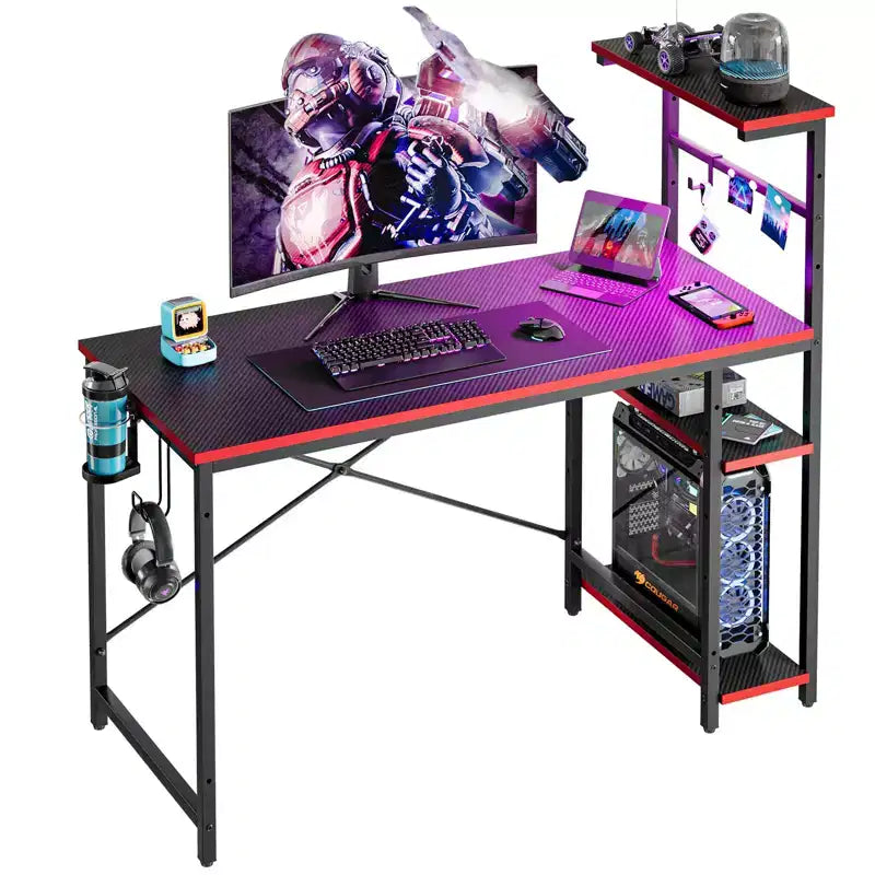 Scrivania da Gaming da 44" con Luce LED RGB, Ripiani a 4 Livelli Reversibili, Portabicchieri e Gancio per Cuffie