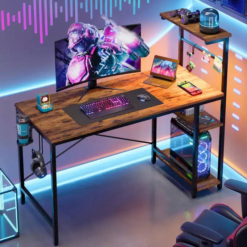 Scrivania da Gaming da 44" con Luce LED RGB, Ripiani a 4 Livelli Reversibili, Portabicchieri e Gancio per Cuffie