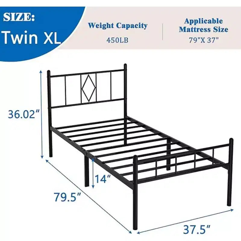 Struttura Letto Singolo XL Altezza 14 Pollici (Circa 35,6 cm) in Metallo Classico con Testiera in Ferro Battuto