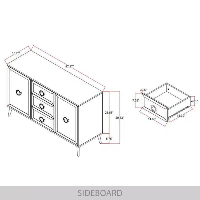 Credenza a buffet da 119,38 cm con 2 ante, 3 cassetti e gambe in metallo dorato – Grigio chiaro/Nero/Bianco