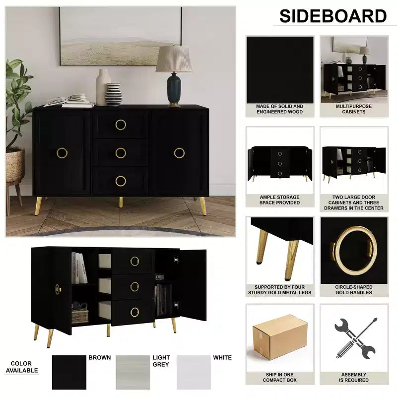 Credenza a buffet da 119,38 cm con 2 ante, 3 cassetti e gambe in metallo dorato – Grigio chiaro/Nero/Bianco