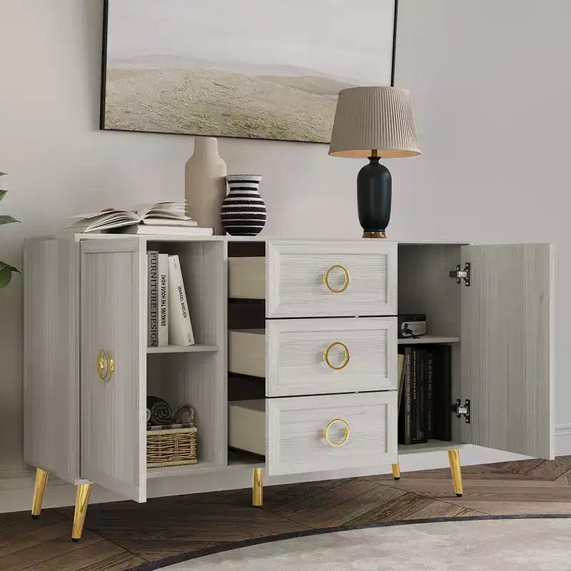 Credenza a buffet da 119,38 cm con 2 ante, 3 cassetti e gambe in metallo dorato – Grigio chiaro/Nero/Bianco