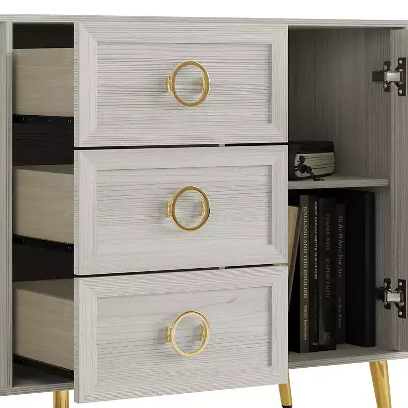 Credenza a buffet da 119,38 cm con 2 ante, 3 cassetti e gambe in metallo dorato – Grigio chiaro/Nero/Bianco