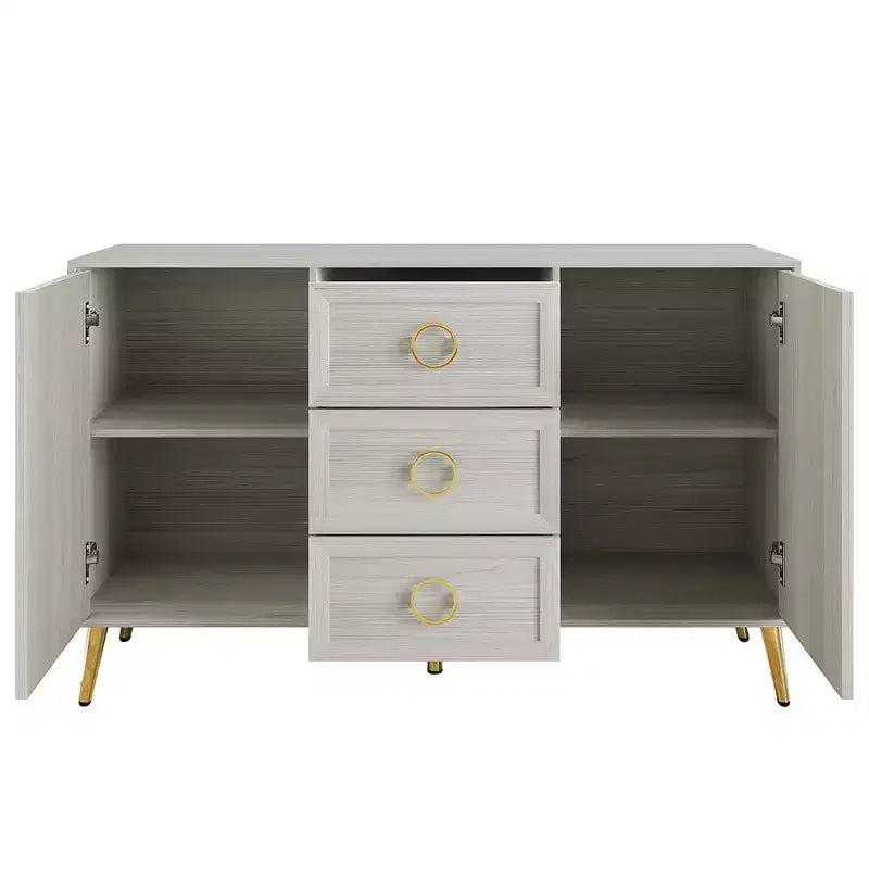 Credenza a buffet da 119,38 cm con 2 ante, 3 cassetti e gambe in metallo dorato – Grigio chiaro/Nero/Bianco