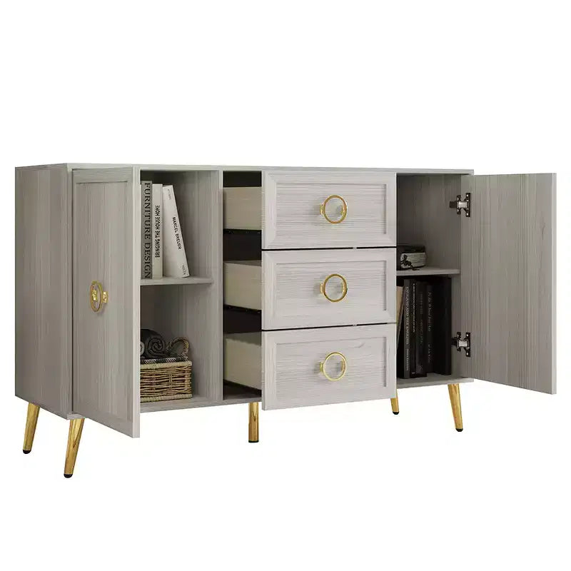 Credenza a buffet da 119,38 cm con 2 ante, 3 cassetti e gambe in metallo dorato – Grigio chiaro/Nero/Bianco