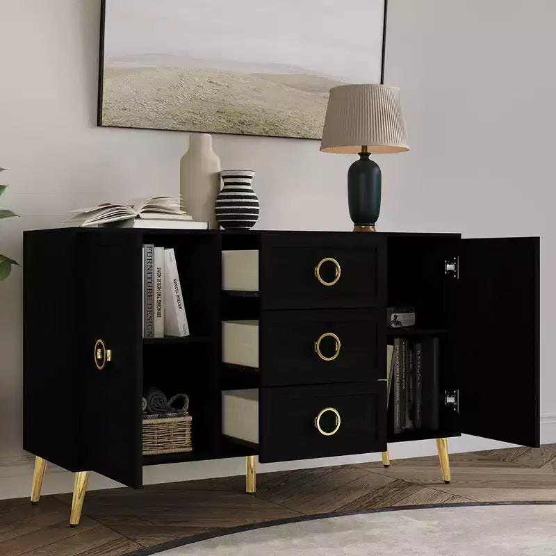 Credenza a buffet da 119,38 cm con 2 ante, 3 cassetti e gambe in metallo dorato – Grigio chiaro/Nero/Bianco