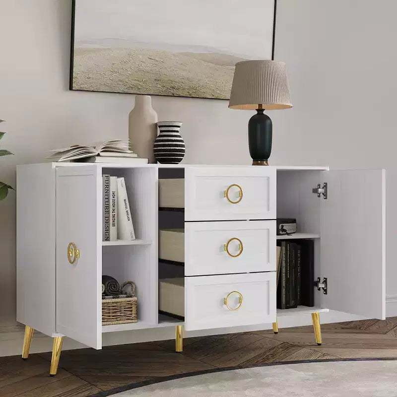 Credenza a buffet da 119,38 cm con 2 ante, 3 cassetti e gambe in metallo dorato – Grigio chiaro/Nero/Bianco