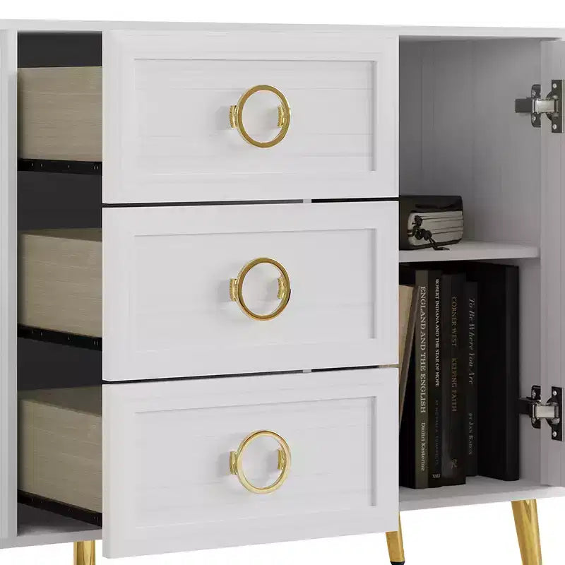 Credenza a buffet da 119,38 cm con 2 ante, 3 cassetti e gambe in metallo dorato – Grigio chiaro/Nero/Bianco