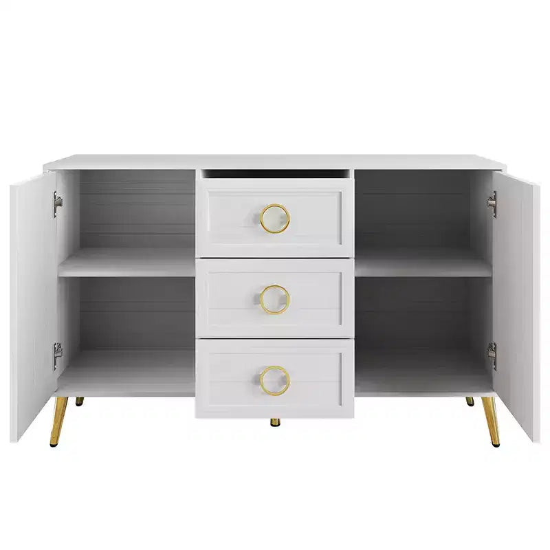 Credenza a buffet da 119,38 cm con 2 ante, 3 cassetti e gambe in metallo dorato – Grigio chiaro/Nero/Bianco