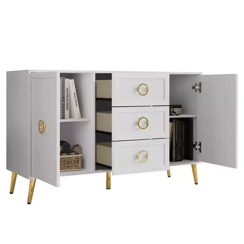 Credenza a buffet da 119,38 cm con 2 ante, 3 cassetti e gambe in metallo dorato – Grigio chiaro/Nero/Bianco