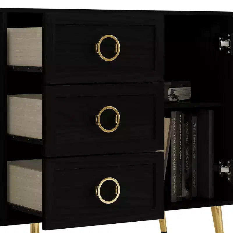 Credenza a buffet da 119,38 cm con 2 ante, 3 cassetti e gambe in metallo dorato – Grigio chiaro/Nero/Bianco