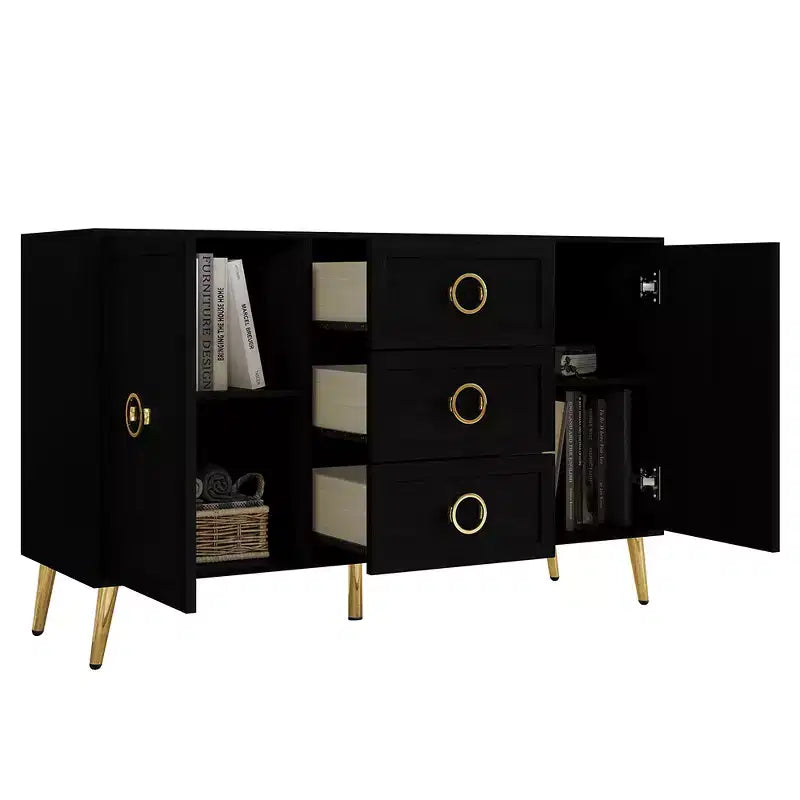 Credenza a buffet da 119,38 cm con 2 ante, 3 cassetti e gambe in metallo dorato – Grigio chiaro/Nero/Bianco
