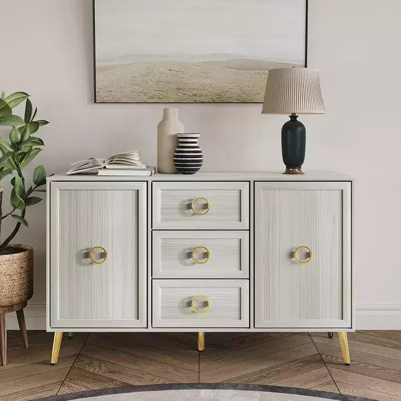 Credenza a buffet da 119,38 cm con 2 ante, 3 cassetti e gambe in metallo dorato – Grigio chiaro/Nero/Bianco