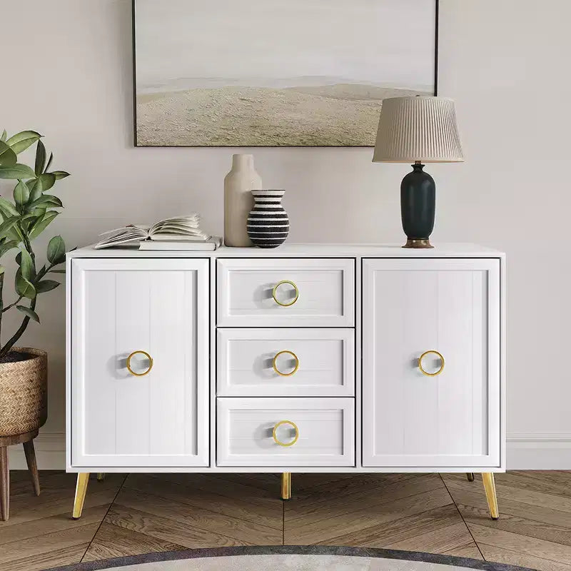 Credenza a buffet da 119,38 cm con 2 ante, 3 cassetti e gambe in metallo dorato – Grigio chiaro/Nero/Bianco