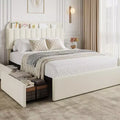 Queen Bed Frame with Bookcase Headboard, Kids Bed Frame with 2 Drawers, Boucle Upholstered Platform Bed, No Box Spring Needed, Easy Assembly, White
