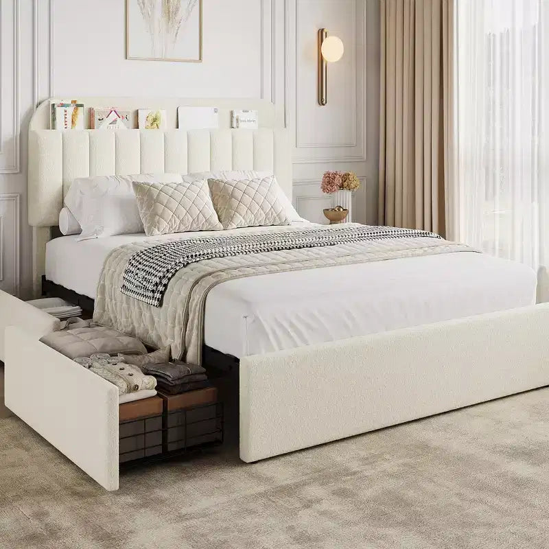 Queen Bed Frame with Bookcase Headboard, Kids Bed Frame with 2 Drawers, Boucle Upholstered Platform Bed, No Box Spring Needed, Easy Assembly, White