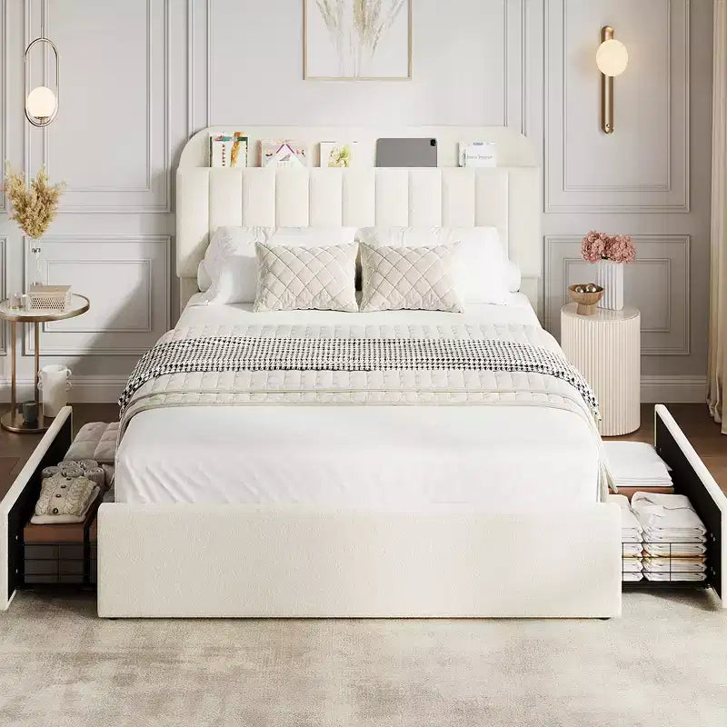Struttura Letto Matrimoniale con Testiera Libreria, Struttura Letto per Bambini con 2 Cassetti, Letto a Piattaforma Imbottito in Bouclé, Nessuna Rete a Molle Necessaria, Facile da Montare, Bianco