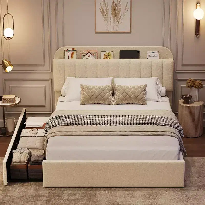 Struttura Letto Matrimoniale con Testiera Libreria, Struttura Letto per Bambini con 2 Cassetti, Letto a Piattaforma Imbottito in Bouclé, Nessuna Rete a Molle Necessaria, Facile da Montare, Bianco