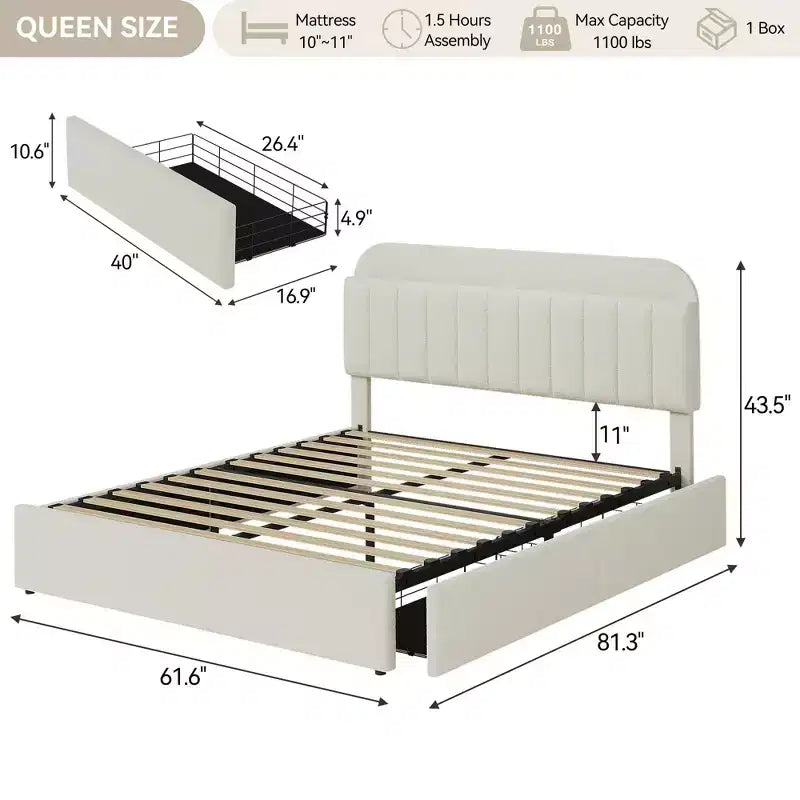 Struttura Letto Matrimoniale con Testiera Libreria, Struttura Letto per Bambini con 2 Cassetti, Letto a Piattaforma Imbottito in Bouclé, Nessuna Rete a Molle Necessaria, Facile da Montare, Bianco