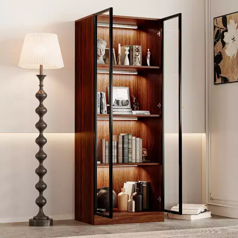 Vetrina in Vetro Alta 160 cm con Luci LED, Vetrinetta a 4 Ripiani, Mid-Century Modern
