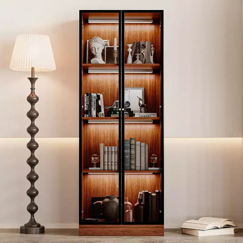 Vetrina in Vetro Alta 160 cm con Luci LED, Vetrinetta a 4 Ripiani, Mid-Century Modern