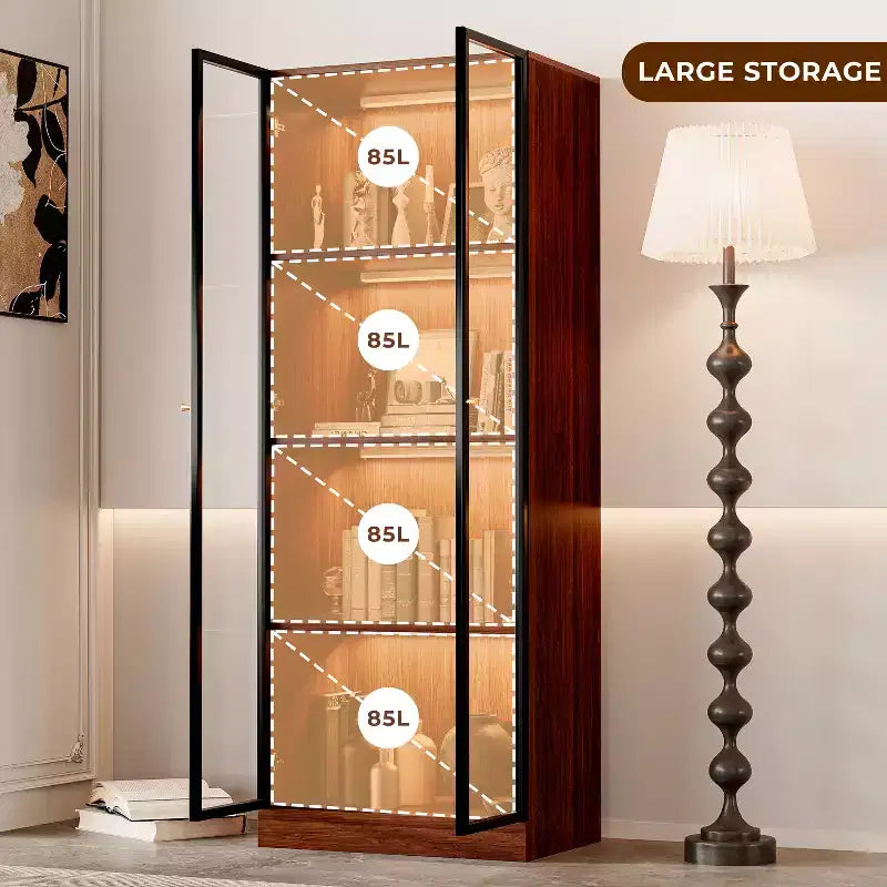 Vetrina in Vetro Alta 160 cm con Luci LED, Vetrinetta a 4 Ripiani, Mid-Century Modern