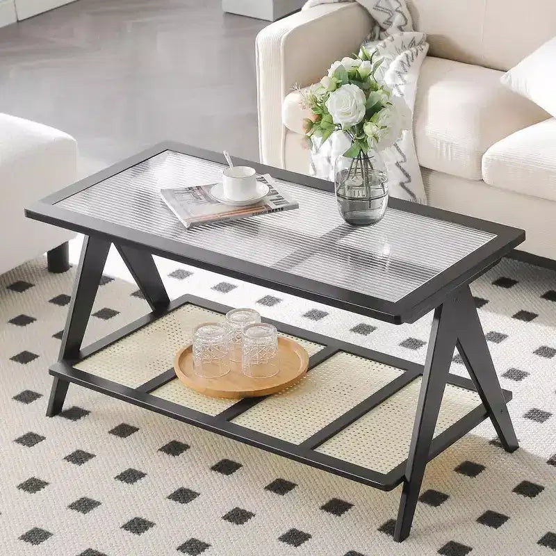 Bekrvio 39.4 2-Tier Boho Rattan Coffee Table w/ Ribbed Glass Top, Bamboo Frame & Imitation Rattan Shelf,Modern Rectangle Center Table for Living Room