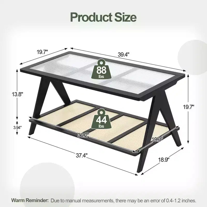 39.4" 2-Tier Boho Rattan Coffee Table, Ribbed Glass Top & Bamboo Frame, Modern Rectangle