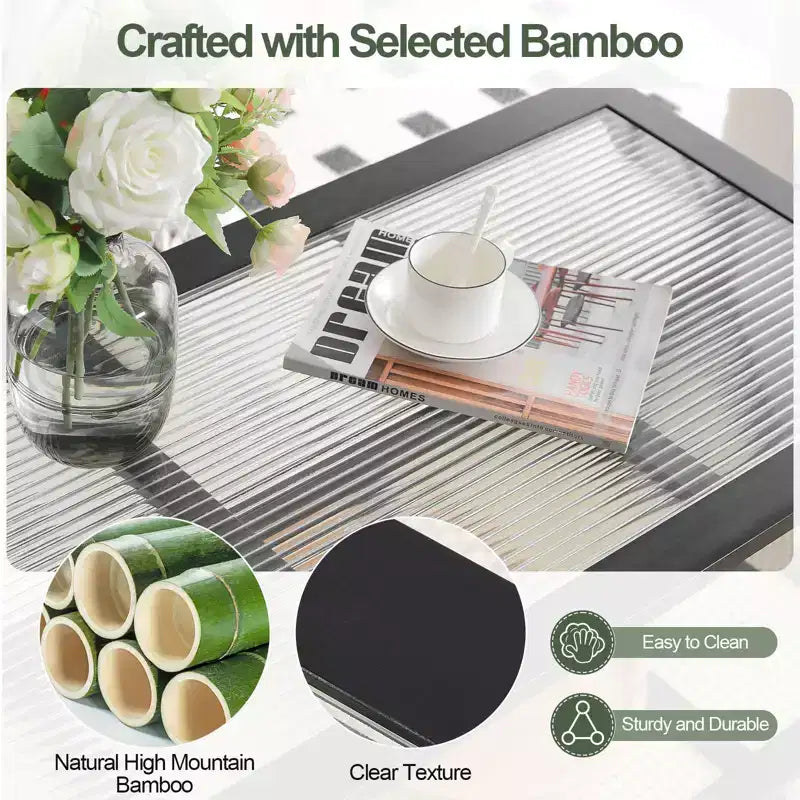 39.4" 2-Tier Boho Rattan Coffee Table, Ribbed Glass Top & Bamboo Frame, Modern Rectangle