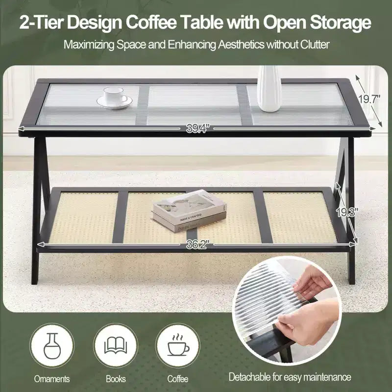 Tavolino da Caffè Bohemien a 2 Livelli in Rattan da 100 cm, Piano in Vetro a Coste e Struttura in Bambù, Rettangolare Moderno