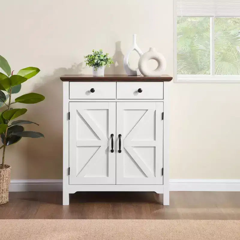 Rustic White and Honey Brown Farmhouse Buffet Cabinet - Features Drawer, Adjustable Shelf, and Barn Door Accent for Stylish Sideboard Storage
