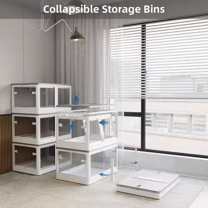 Confezione da 3 contenitori trasparenti impilabili con 5 ante apribili e ruote, contenitori pieghevoli in plastica per il fai da te, organizer grandi per armadi per camere da letto