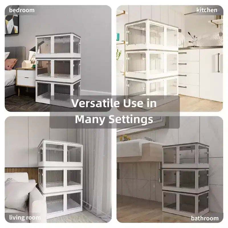 Confezione da 3 contenitori trasparenti impilabili con 5 ante apribili e ruote, contenitori pieghevoli in plastica per il fai da te, organizer grandi per armadi per camere da letto
