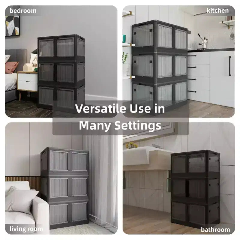 Confezione da 3 contenitori trasparenti impilabili con 5 ante apribili e ruote, contenitori pieghevoli in plastica per il fai da te, organizer grandi per armadi per camere da letto