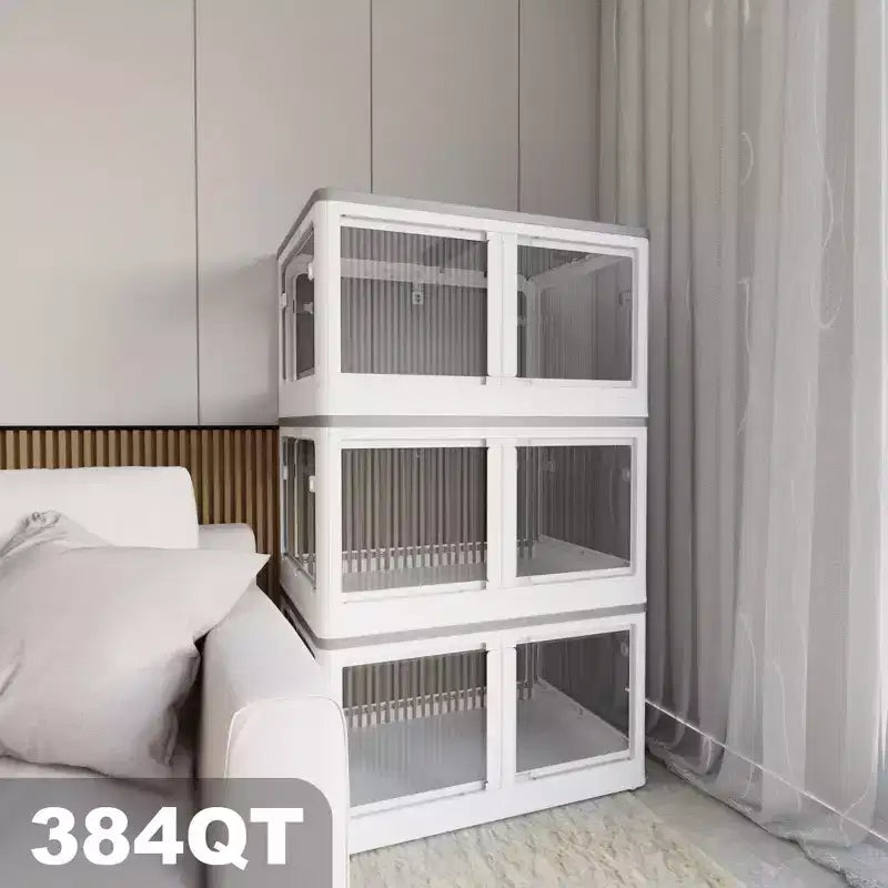 Confezione da 3 contenitori trasparenti impilabili con 5 ante apribili e ruote, contenitori pieghevoli in plastica per il fai da te, organizer grandi per armadi per camere da letto