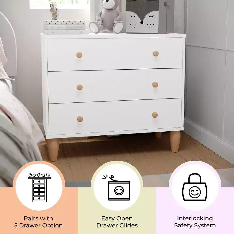 Comò a 3 cassetti in legno per bambini per camera da letto, legno ingegnerizzato con gambe affusolate, età 3-9 anni