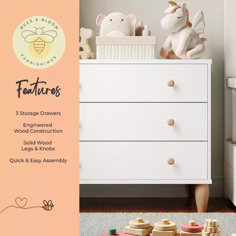 Comò a 3 cassetti in legno per bambini per camera da letto, legno ingegnerizzato con gambe affusolate, età 3-9 anni