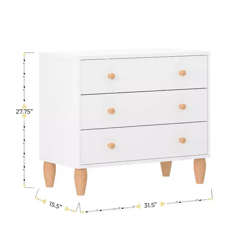 Comò a 3 cassetti in legno per bambini per camera da letto, legno ingegnerizzato con gambe affusolate, età 3-9 anni